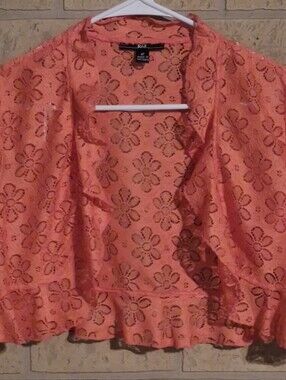 R&K Evening Womens Shrug Bolero Jacket 6P Coral Orange Floral Lace Crop Ruffle